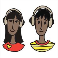 ilustración vectorial de estilo garabato. un niño y una niña, un hombre y una mujer jóvenes con auriculares, escuchan música, reciben capacitación, trabajan de forma remota. hombre y mujer con piel oscura, lindos íconos de colores con caras vector