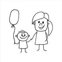 vector drawing in the style of doodle. single mother with child. happy family simple line drawing, woman and child smiling