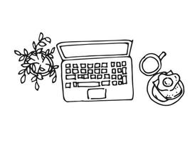 simple vector drawing. laptop, breakfast and houseplant. Symbol of work at home, remote work. stay home covid pandemic -19