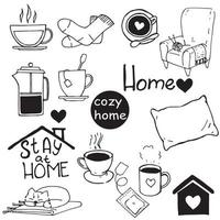 doodle style vector illustration. A set of elements on the theme of a cozy home. Cute simple drawings in one line. icons with circles, hearts, warm socks, cat, armchair, pillow and much more