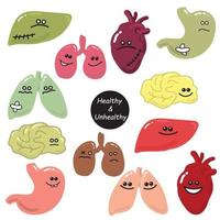 ilustración vectorial de estilo garabato. un conjunto de órganos internos sanos y no saludables. comparación de iconos de órganos enfermos y sanos. estómago, hígado, corazón, pulmones, riñones, cerebro. piso para niños comics vector