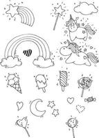 vector seamless pattern with unicorns. magical unicorns, rainbow, lollipops, clouds, line drawings isolated on white background. in the style of doodle, flat, cartoon. coloring book, black and white