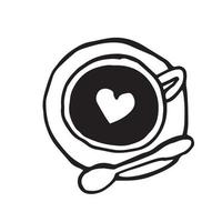 vector illustration. simple doodle style drawing. cup of coffee top view, flat lay. Cute hand drawing cup of coffee with heart. Icon for cafe, shop, coffee time.