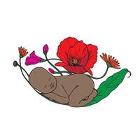 ilustración vectorial, bebé afroamericano duerme en flores. un niño pequeño de piel oscura duerme rodeado de colores vivos. símbolo de maternidad, embarazo, parto, lactancia. natural vector