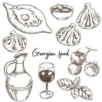 vector drawing, set of dishes of Georgian cuisine. Georgian food, khachapuri, khinkali, wine and sauce. Sketch illustration, graphics, engraving.