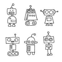 vector drawing in doodle style. set of cute robots. children's line drawing. funny robots