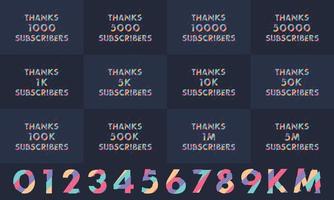 Thanks Subscribers Greeting card bundle. Thanks 1000, 1k, 10000, 10k, 50k, 1M, 5M Subscribers celebration social media bundle design. vector