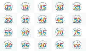 paquete de logo de aniversario. conjunto de logotipos modernos de celebración de aniversario. 5, 10, 15, 20, 25, 30, 35, 40, 45, 50, 55, 60, 65, 70, 75, 80, 85, 90, 95, 100