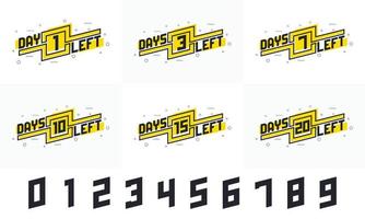 Sells promotional design bundle. 1, 3, 7, 10, 15, 20 days left countdown design set. vector