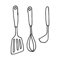 vector drawing in the style of doodle. steamer, kitchen spatula, whisk for beating. simple drawing of kitchen utensils.