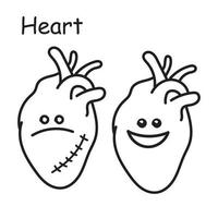 Stock illustration vector sketch. Heart internal organ drawn in cartoon style, doodle. healthy and sick heart sad and joyful, medical comparison. Cute drawing for kids kawaii.