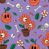 seamless pattern for halloween. cute characters, ghosts, pumpkins, skeletons on a blue background. print for kids vector