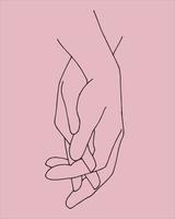 vector illustration with lines, two hands are holding each other. Boho modern aesthetic background with hand gestures. Modern minimalist art print, symbol of love, friendship, relationship help