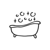 vector drawing in the style of doodle, cartoon. cute drawing of a filled bath with bubbles and soap suds. isolated on white background. clip art bath foam label.