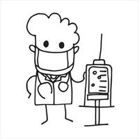 ilustración vectorial simple en estilo garabato. doctor hombre con jeringa con medicina. lindo personaje para niños, vacunación de tema médico, vacuna, cura de coronavirus. COVID-19 vector