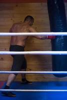 kick boxer training on a punching bag photo