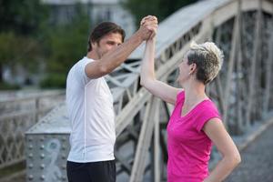 couple congratulate and happy to finish photo