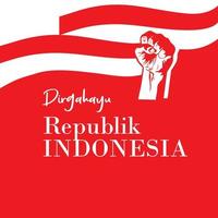 tarjeta de felicitación del día de la independencia de indonesia con concepto de puño, bandera indonesia sobre fondo rojo fuego. dirgahayu significa longevidad de la república de indonesia. adecuado para diseño, ilustración, pancarta vector