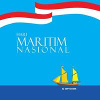 National Maritime Day of Indonesia. Vector design with blue ocean and sky color concept. The phinisi ship is sailing. Waving red and white flag. Suitable for illustration, banner, background.