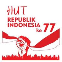 tarjeta de felicitación del día de la independencia de indonesia con concepto de puño, bandera de indonesia en blanco ardiente. dirgahayu significa longevidad de la república de indonesia. adecuado para diseño, ilustración, pancarta vector