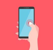 Smartphone Holding Touch Element Illustration Red Background Glossy Display Design Technology vector