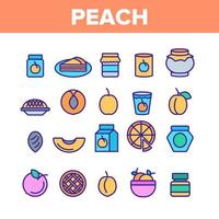 conjunto de iconos de elementos de color de fruta de durazno vector