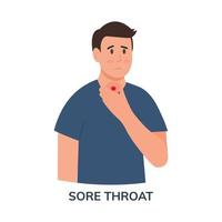 Sad man with a pain in throat. Symptom of flu or virus infection. Sore throat. Flat vector illustration