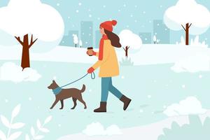 Woman walking with dogs in winter. Woman leading pet on leash in cold weather with snow. Woman with dog. Wintertime. Coffee in hand. Flat vector illustration.