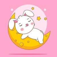 Cute rabbit sleeping on the moon. Bunny cartoon character illustration. vector