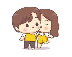 Cute lovers couple greeting pose. Girl kiss boyfriend. Happy valentine chibi cartoon character. vector