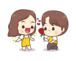 lindos amantes pareja chibi personaje de dibujos animados. niño dando flor de rosa. feliz día de San Valentín vector