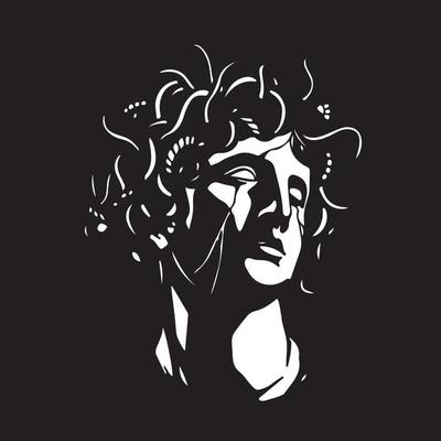 Art objects for the exhibition of classical and contemporary painting, sculpture and music. Hand illustrations, plaster bust, statues and abstract shapes, spots and lines. Drawings for poster