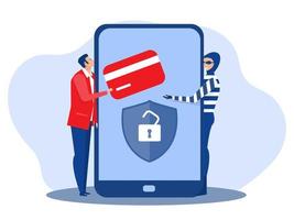 Cybersecurity from hackers,Digital money theft attacks male client applications get credit card. Phishing and bank fraud. Vector illustration.