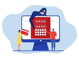 Hacker steal password Digital money theft attack male client applications get usernames and password. Phishing and bank fraud. Vector illustration.