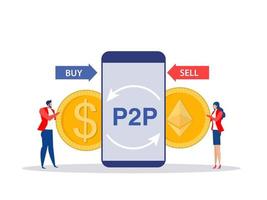 P2P or Peer to peer payments. Two Business interacting with each other. Cryptocurrency virtual transaction. Vector illustration.