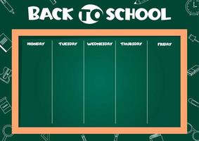 School timetable for kids with days of the week on the blackboard. School supplies in lineart style on the background. Weekly planner. Schedule design template. vector