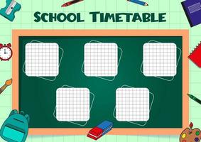 School timetable for kids with days of the week and planes, dots, sheet of paper with cells. School supplies on the background. Weekly planner. Schedule design template. vector