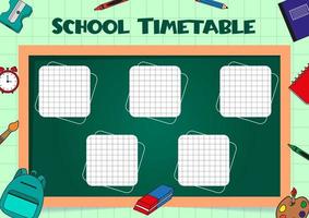 School timetable for kids with days of the week and planes, dots, sheet of paper with cells. School supplies on the background. Weekly planner. Schedule design template. vector