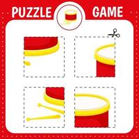 Puzzle educational game for kids. Cutting practice. Cut and glue drum. Education developing worksheet. Activity page. vector