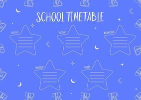 School timetable for kids on purple background with days of the week with stars and moon. Weekly planner. Schedule design template. vector