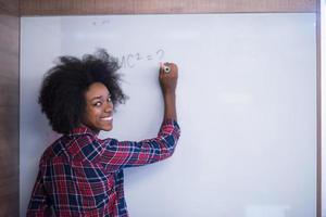 African American woman writing on a chalkboard in a modern office