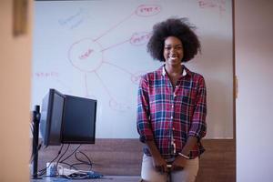 African American woman writing on a chalkboard in a modern office photo