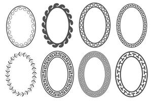 Greek key oval frame set. Circle borders with meander ornaments. Ellipse ancient designs. Vector