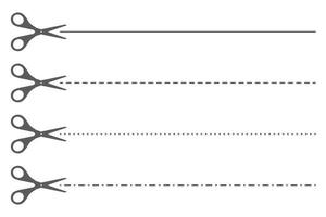 ilustración de corte de papel con línea punteada. tijeras con líneas de borde. conjunto de vectores símbolos de guión