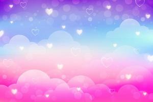 fondo de unicornio arcoiris con nubes, estrellas y corazones. cielo de color pastel. paisaje mágico, patrón fabuloso abstracto. lindo fondo de pantalla de dulces. vector. vector