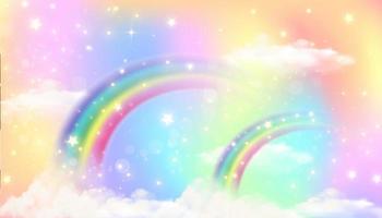 arco iris rosa y nubes sobre fondo degradado. cielo de fantasía con estrellas. fondo abstracto de unicornio. linda ilustración vectorial de acuarela.
