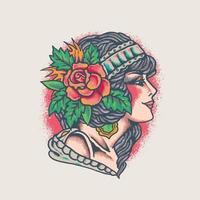 Old school lady shaman tattoo style illustration vector