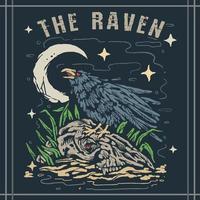 The raven and the skull vintage tattoo illustration vector