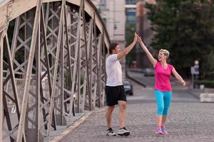 couple congratulate and happy to finish photo