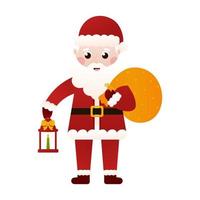 Santa Claus character holding lantern wit candle and bag with gift boxes in cartoon style on white background vector